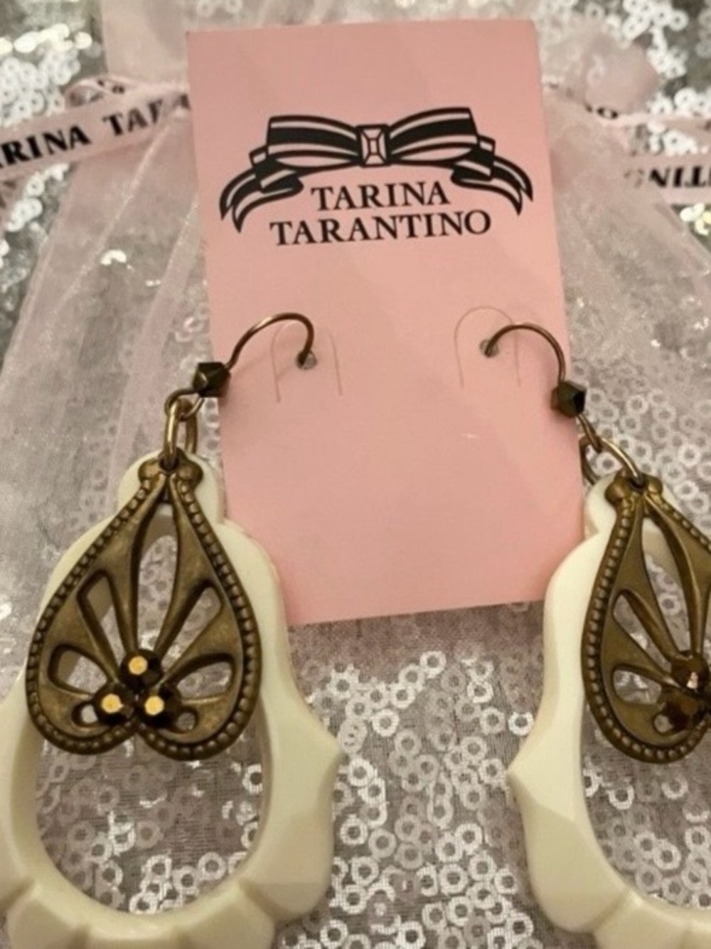 Tarina Tarantino Cream and Antique Gold Teardrop Earrings